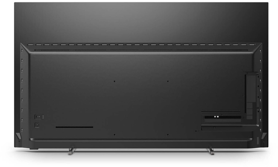 Rückseite eines Fernsehers, schwarz, mit Anschlüssen und Halterung für die Wandmontage