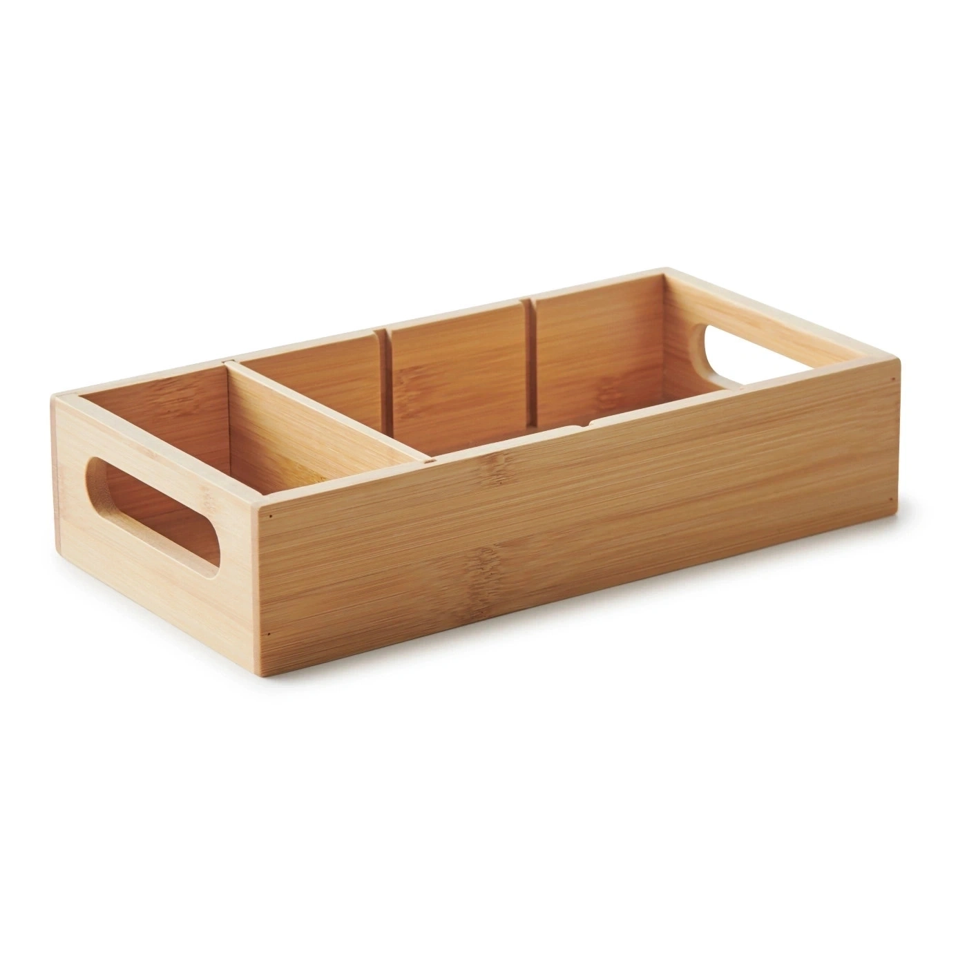 Holzbox mit Fächern und Griffen, ideal für die Organisation von Gegenständen.