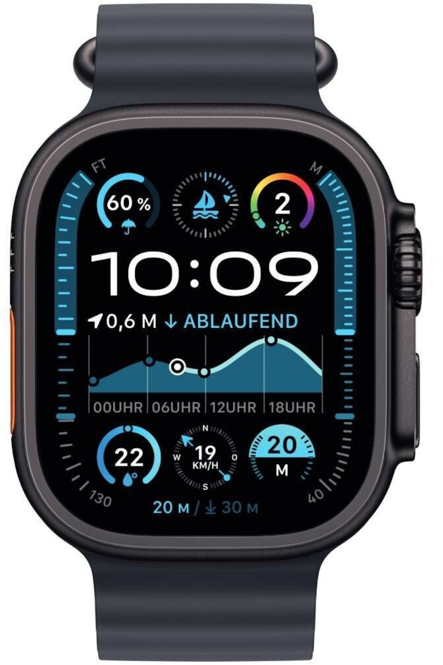 Apple Watch Ultra mit Wetterinformationen und Uhrzeit, 10:09 Uhr.