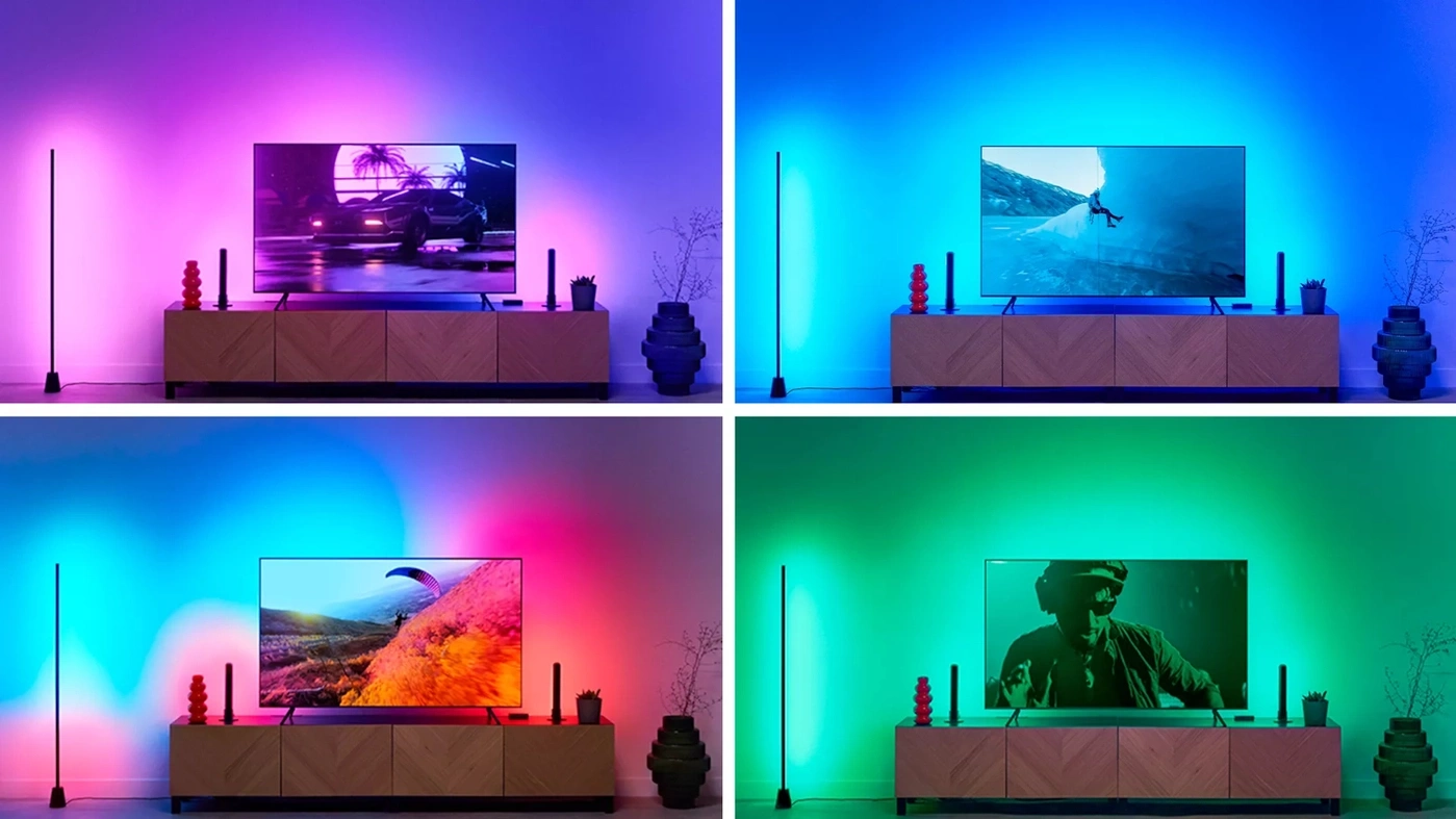 Vier Bilder mit Fernseher und atmosphärischer Beleuchtung in verschiedenen Farben.