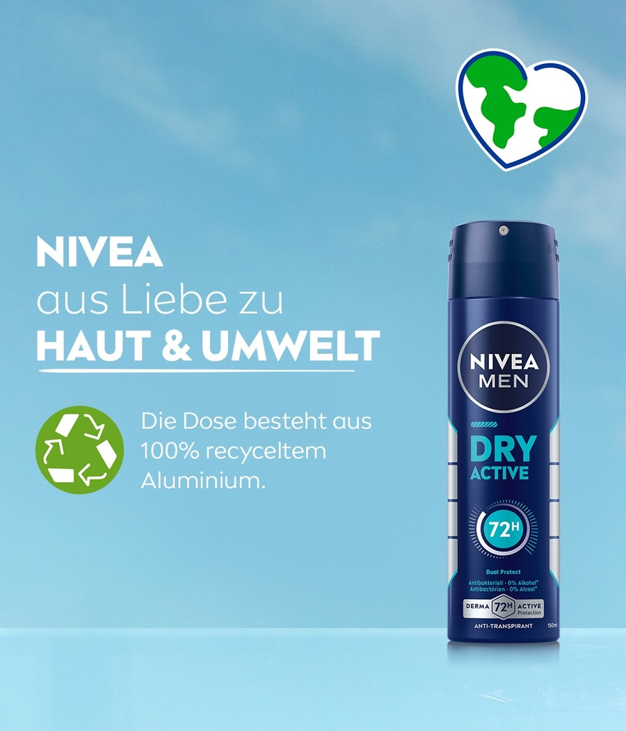 Nivea Deo-Spray mit 72H Active Protection, aus recyceltem Aluminium, für Haut & Umwelt.