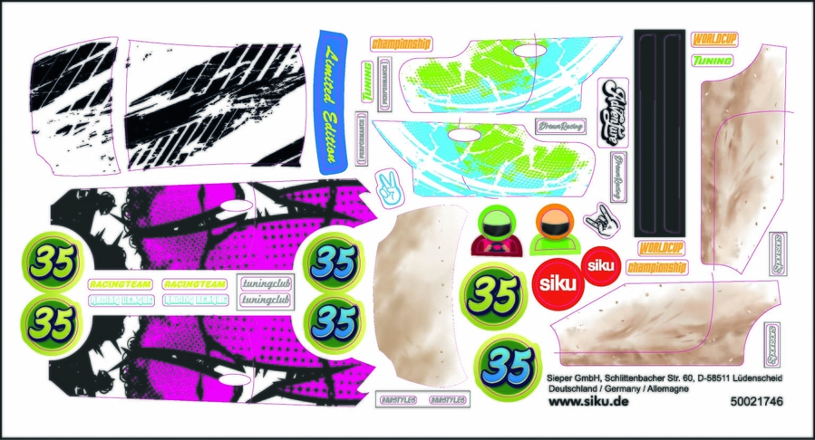 Aufkleber-Set mit Rennwagen-Design, Logos, Zahlen und Siku-Marke, Limited Edition.