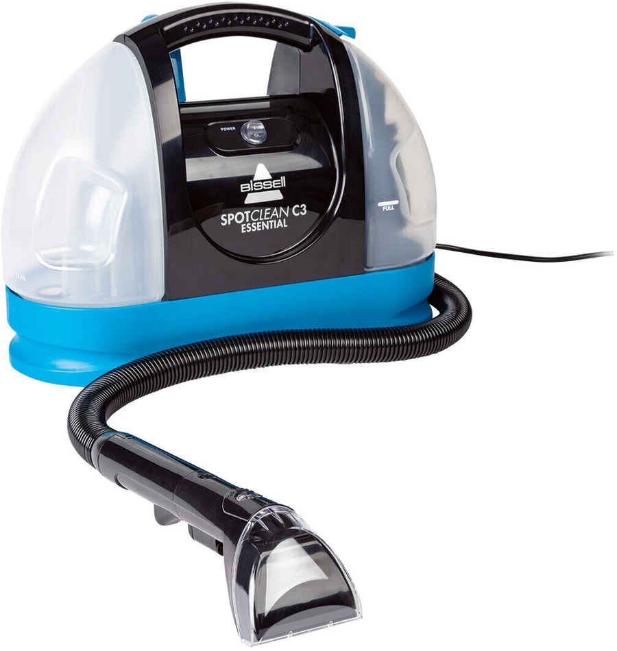 Blau-schwarzer Bissell SpotClean C3 Essential Teppichreiniger mit Schlauch und Düse.
