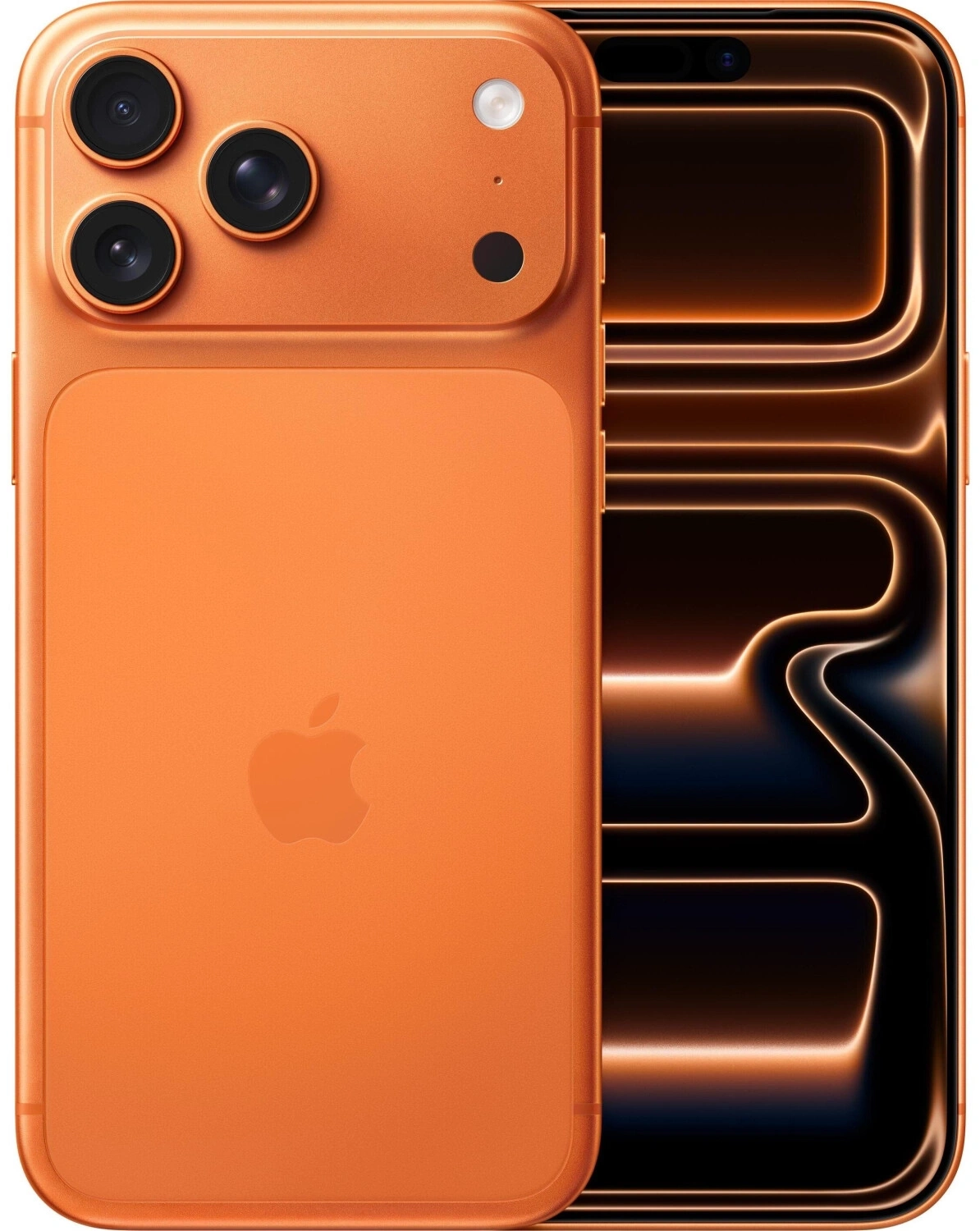 Orange iPhone mit drei Kameras und Apple Logo