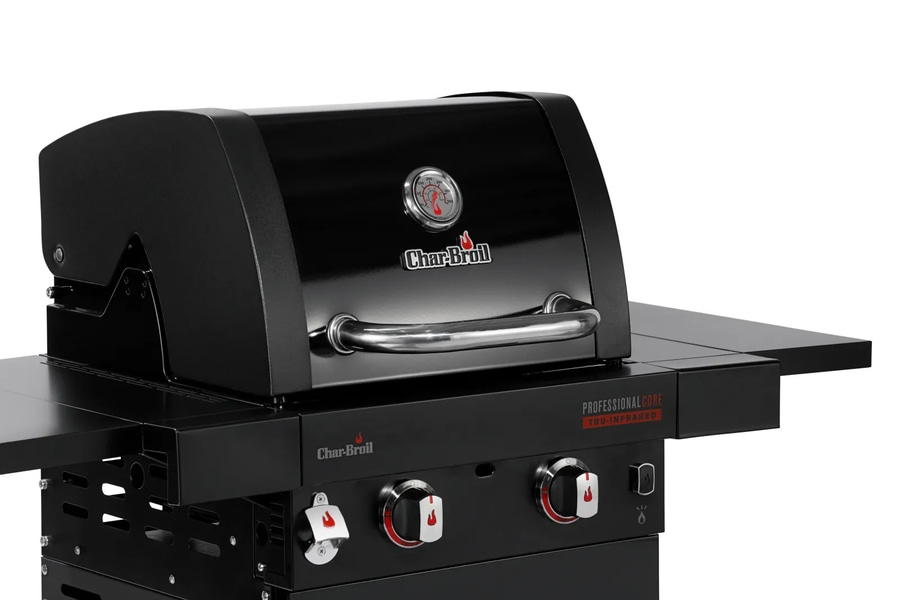 Schwarzer Grill mit Char-Broil-Logo und Temperaturanzeige, professionell