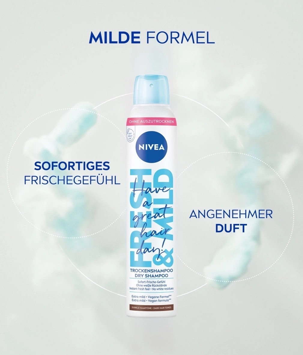 Nivea Trockenshampoo, sofortiges Frischegefühl, angenehmer Duft, milde Formel, ohne Austrocknen.