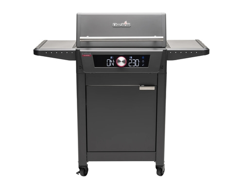 Schwarzer Grill mit digitaler Anzeige und ausklappbaren Seitenablagen