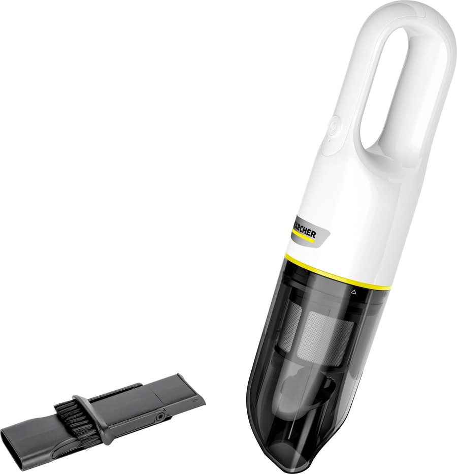 Handstaubsauger, weiß und schwarz, mit Zubehör, Kärcher-Logo, Reinigungsgerät, Haushalt