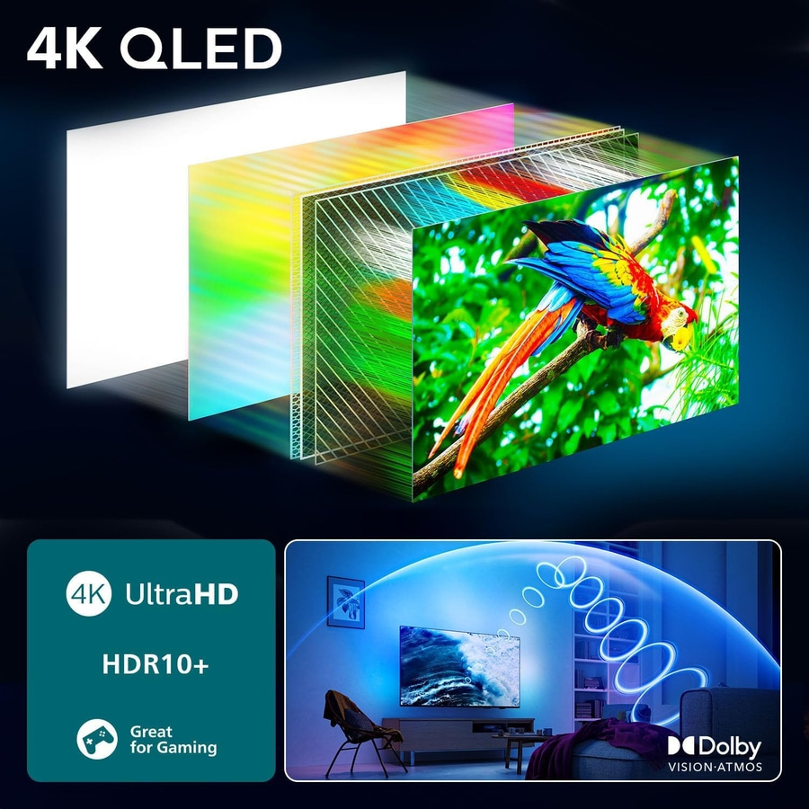 4K QLED Fernseher mit HDR10+ und Dolby Vision Atmos, ideal zum Spielen.