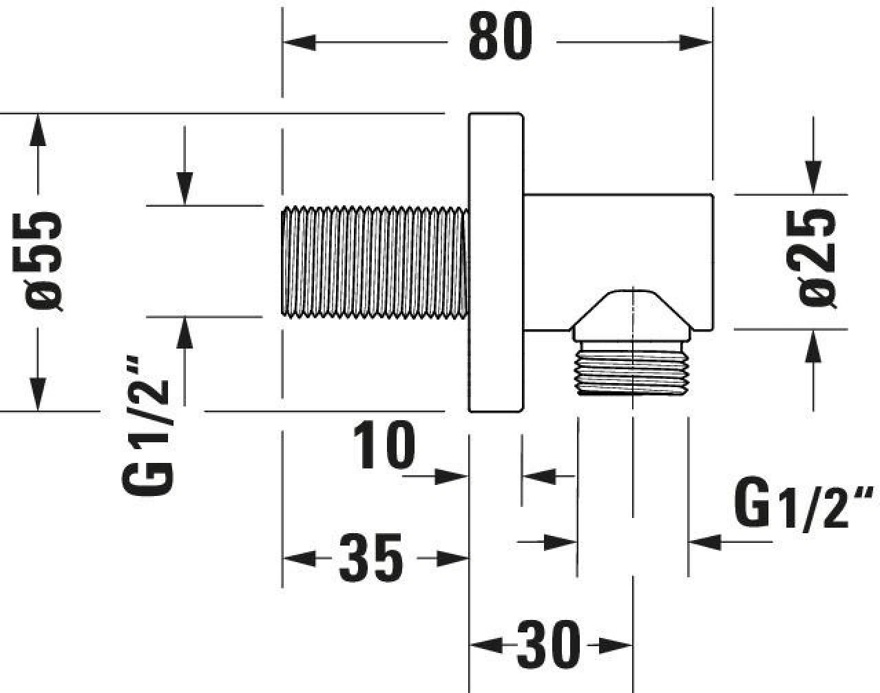 Rohrverbindung mit Maßen: 80, 55, 25, 35, 30, 10. Gewinde G1/2 Zoll.