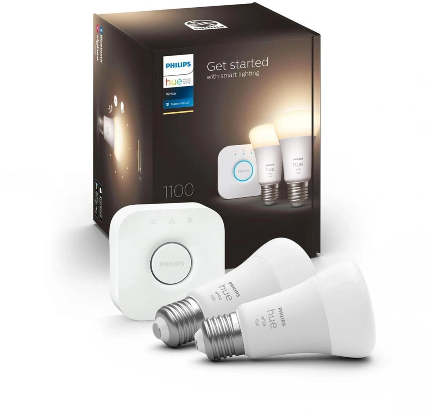 Philips Hue Starter Kit mit zwei weißen Glühbirnen und einer Bridge.