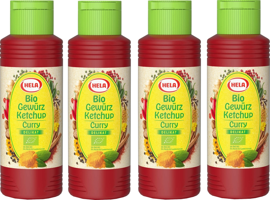 4 x Hela Bio Ketchup Curry delikat Gewürzketchup 300 ml Flasche Ketchupflasche