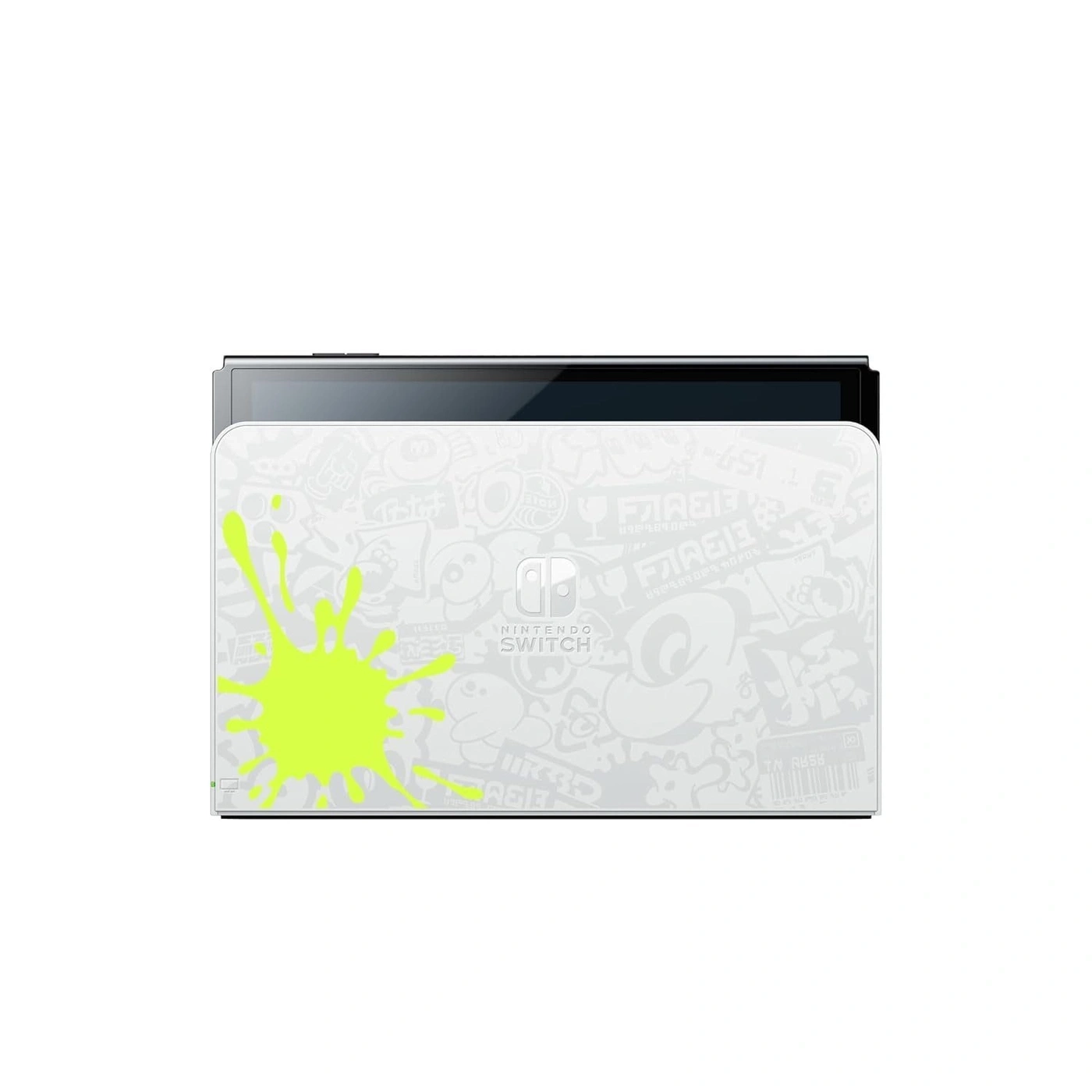 Nintendo Switch mit Splatoon-Design und gelbem Klecks