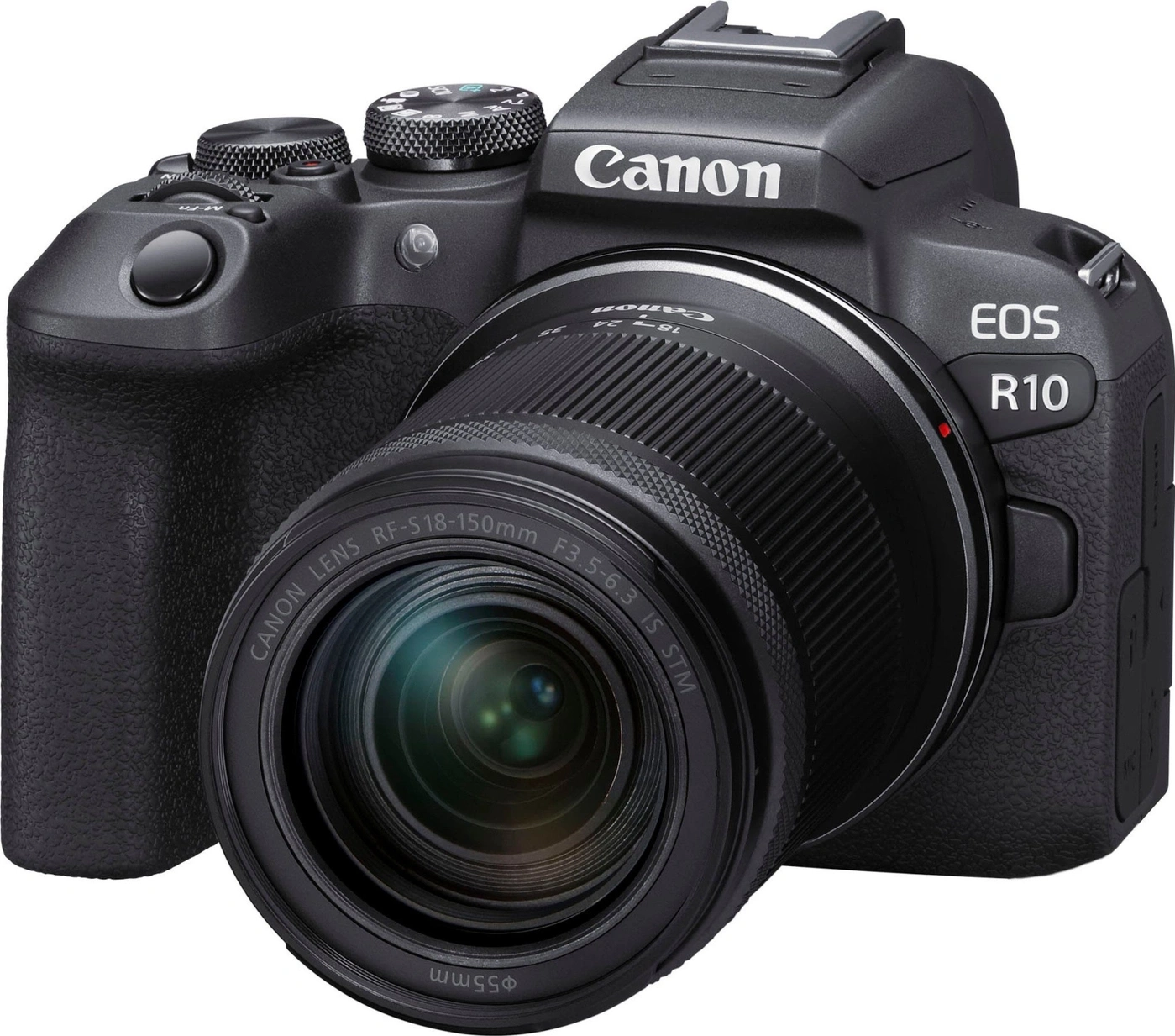 Schwarze Canon EOS R10 Kamera mit RF-S 18-150 mm Objektiv