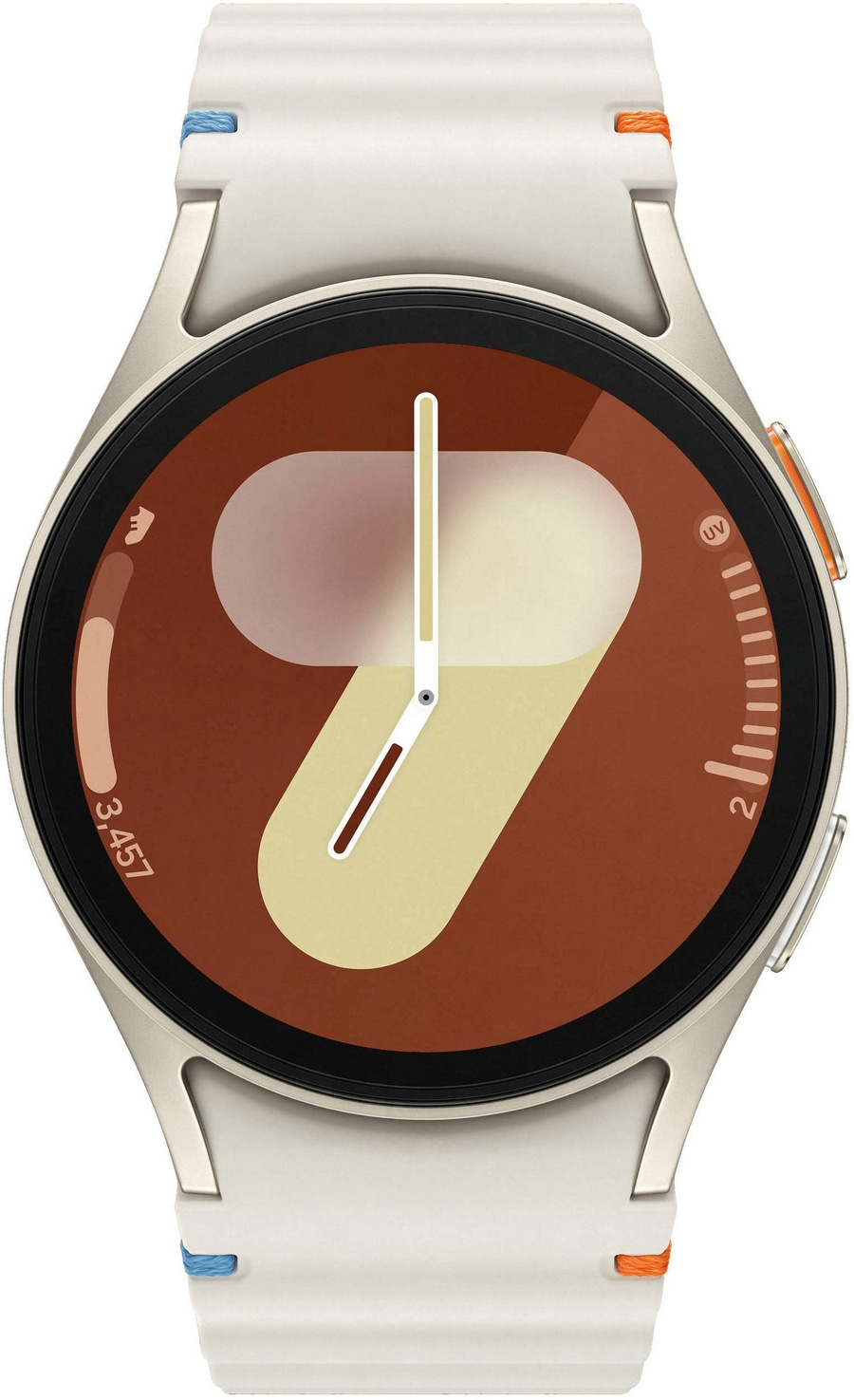 Smartwatch mit weißem Armband und braunem Zifferblatt, orangefarbenen Akzenten