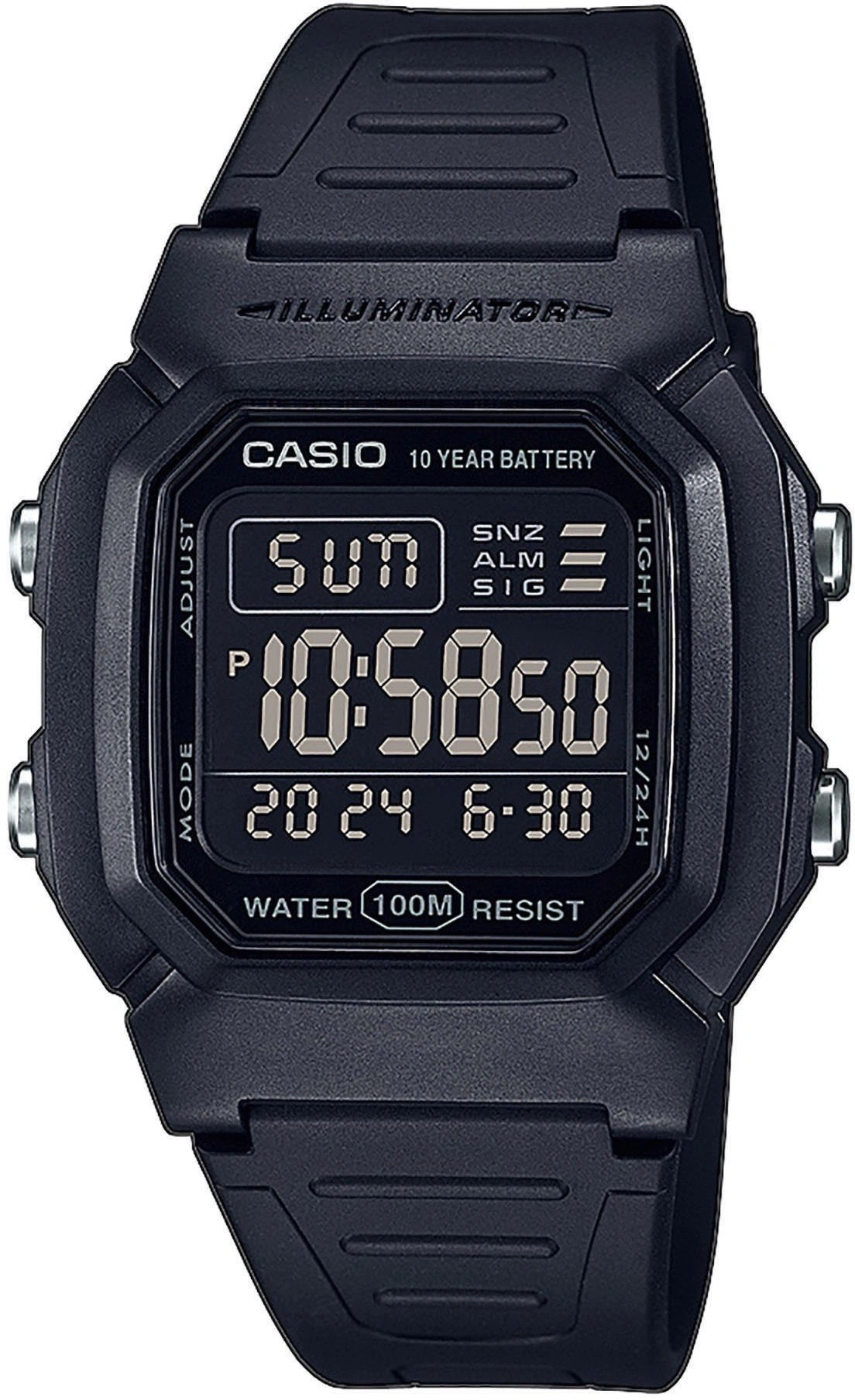 Schwarze Casio Digitaluhr mit Beleuchtungsanzeige und Wasserdichtigkeit bis 100M.