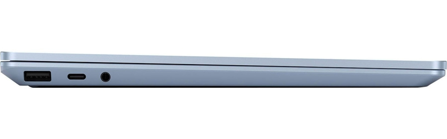 Hellblaues Laptop-Seitenprofil mit USB-Anschluss, USB-C-Anschluss und Kopfhöreranschluss.