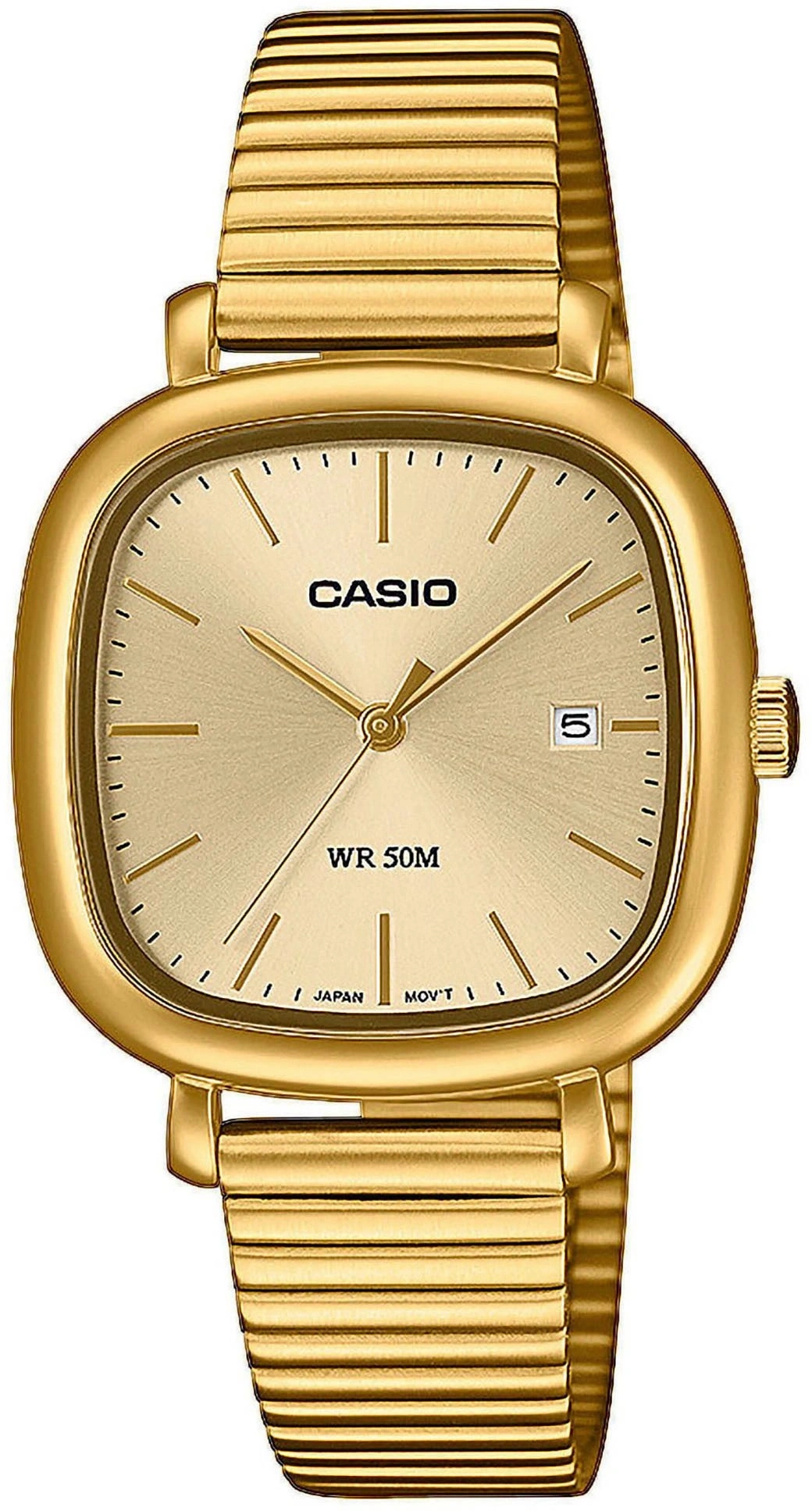 Eine goldene Casio Damenuhr mit
Datumsanzeige und goldfarbenem Band.