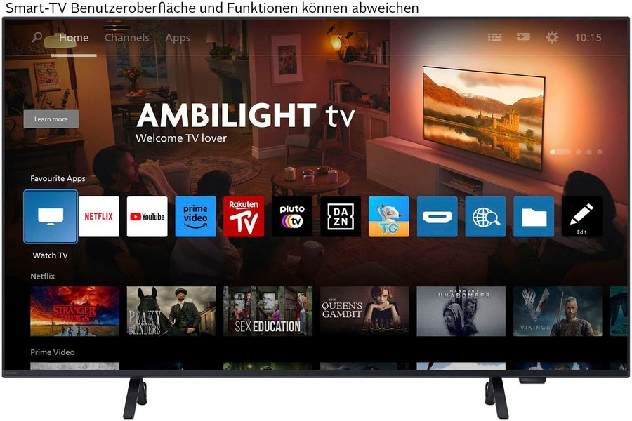 Smart-TV-Oberfläche mit Apps wie Netflix, YouTube und Prime Video.