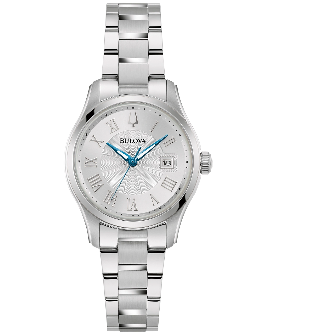 Bulova-Uhr, silbernes Zifferblatt, römische Ziffern, Datumsanzeige, Edelstahlarmband.