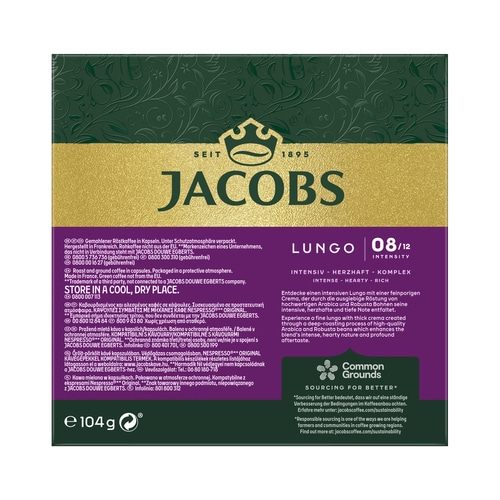 Kaffeepackung mit Jacobs-Logo, Lungo-Intensität, 104g, grün und goldfarben, Text.