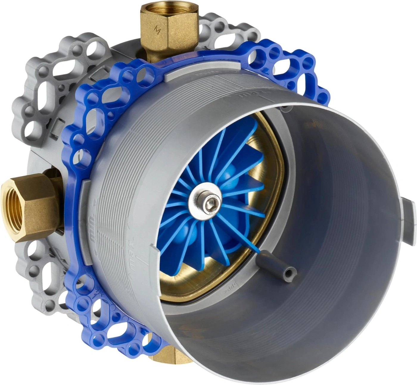 Einbauteil mit blauem Ventilator und Messinganschlüssen