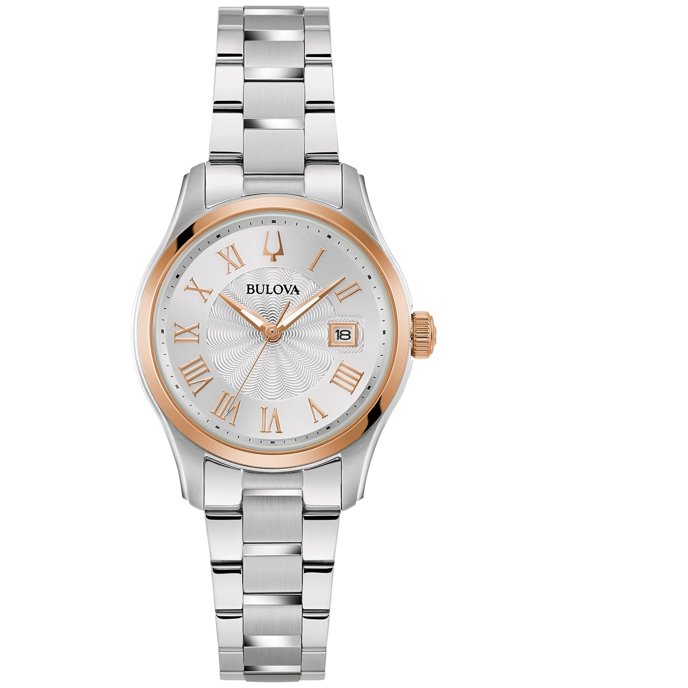 Bulova Damenuhr, silbernes Gehäuse, roségoldfarbene Akzente, silbernes Zifferblatt, Datumsanzeige, Armband