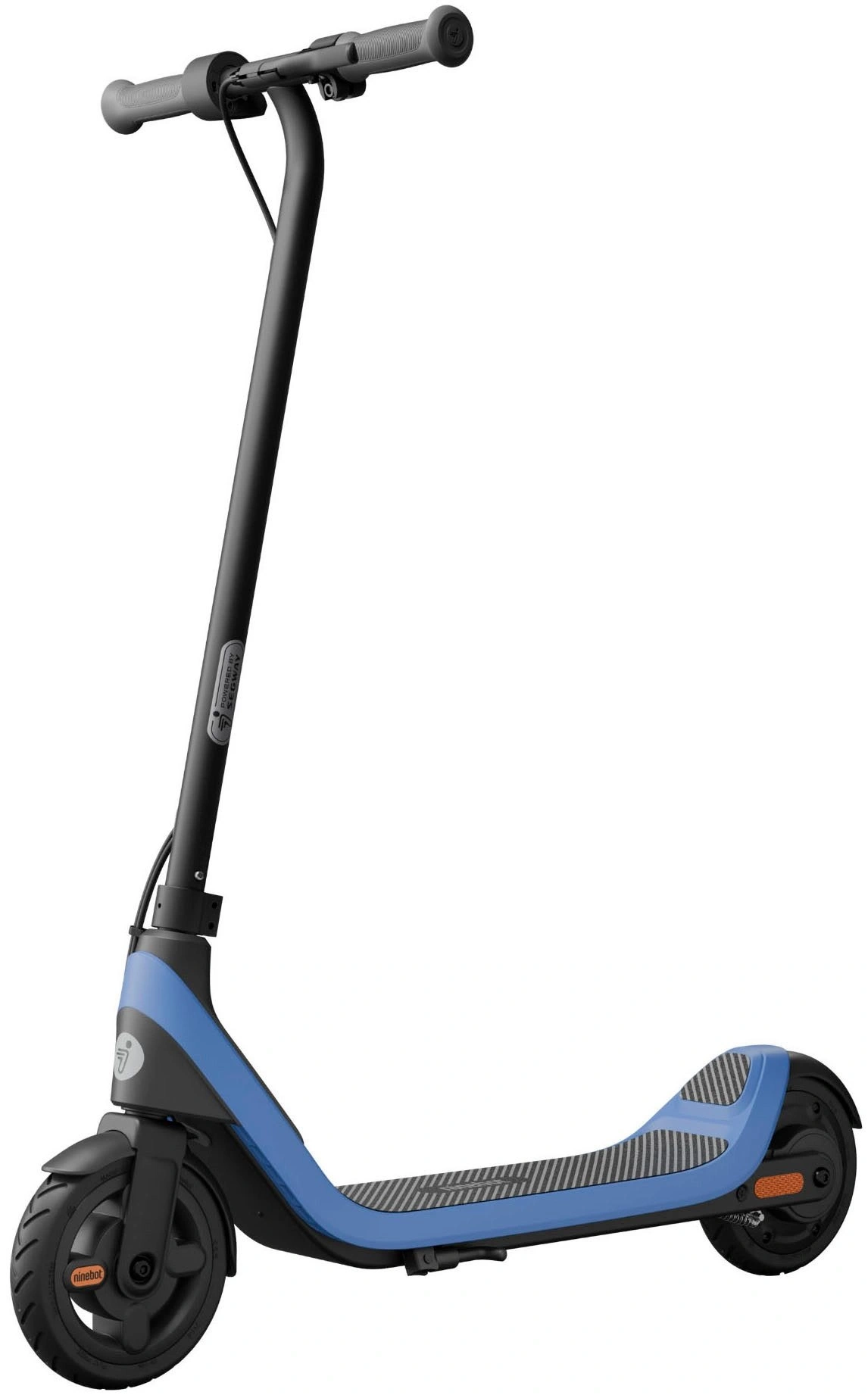 Ein blauer Elektroroller mit schwarzem Lenker und Trittbrett