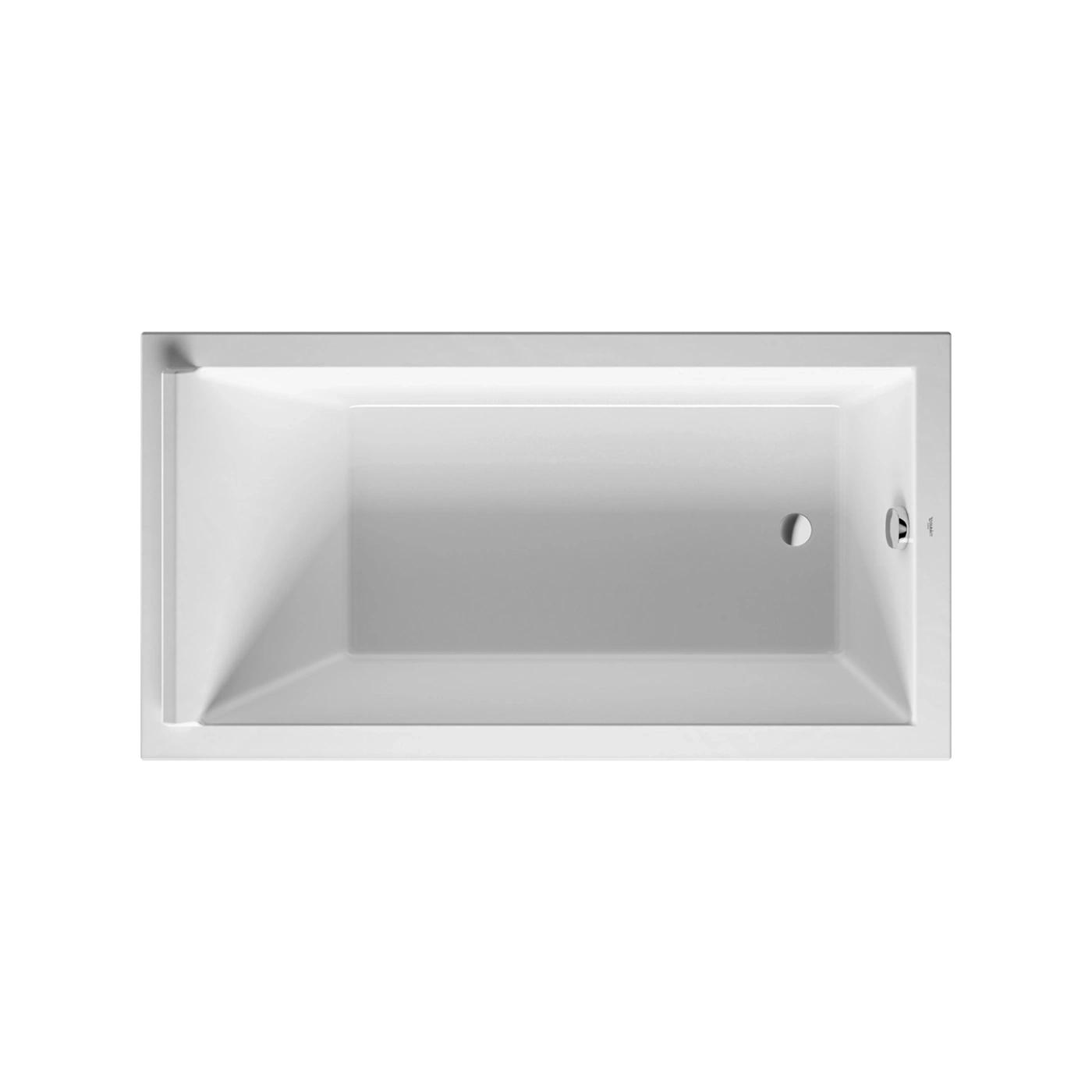 Eine weiße rechteckige Badewanne mit einem Abfluss und einem Überlaufschutz.