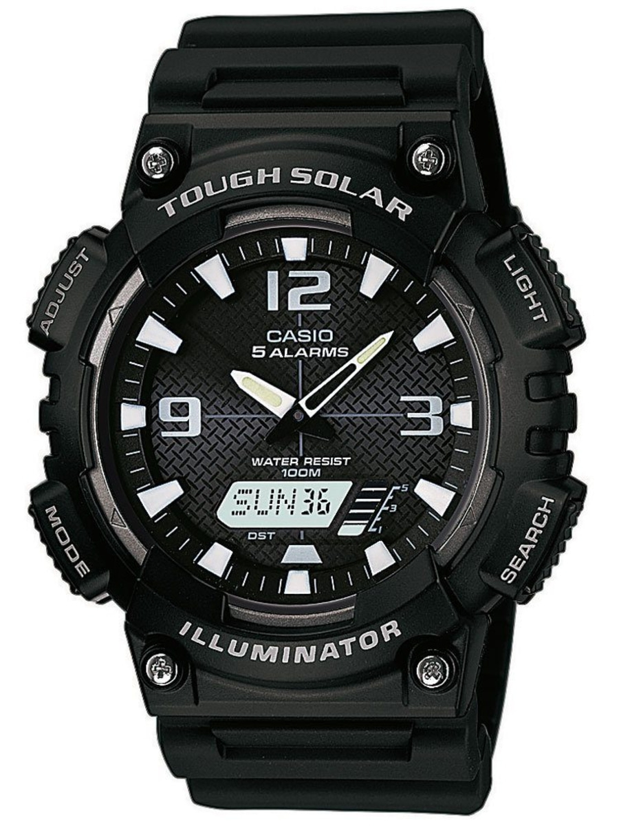 Schwarze Casio Uhr mit Solar, 12 Uhr, 5 Alarme, Wasserfest, Illuminator, Licht, Search