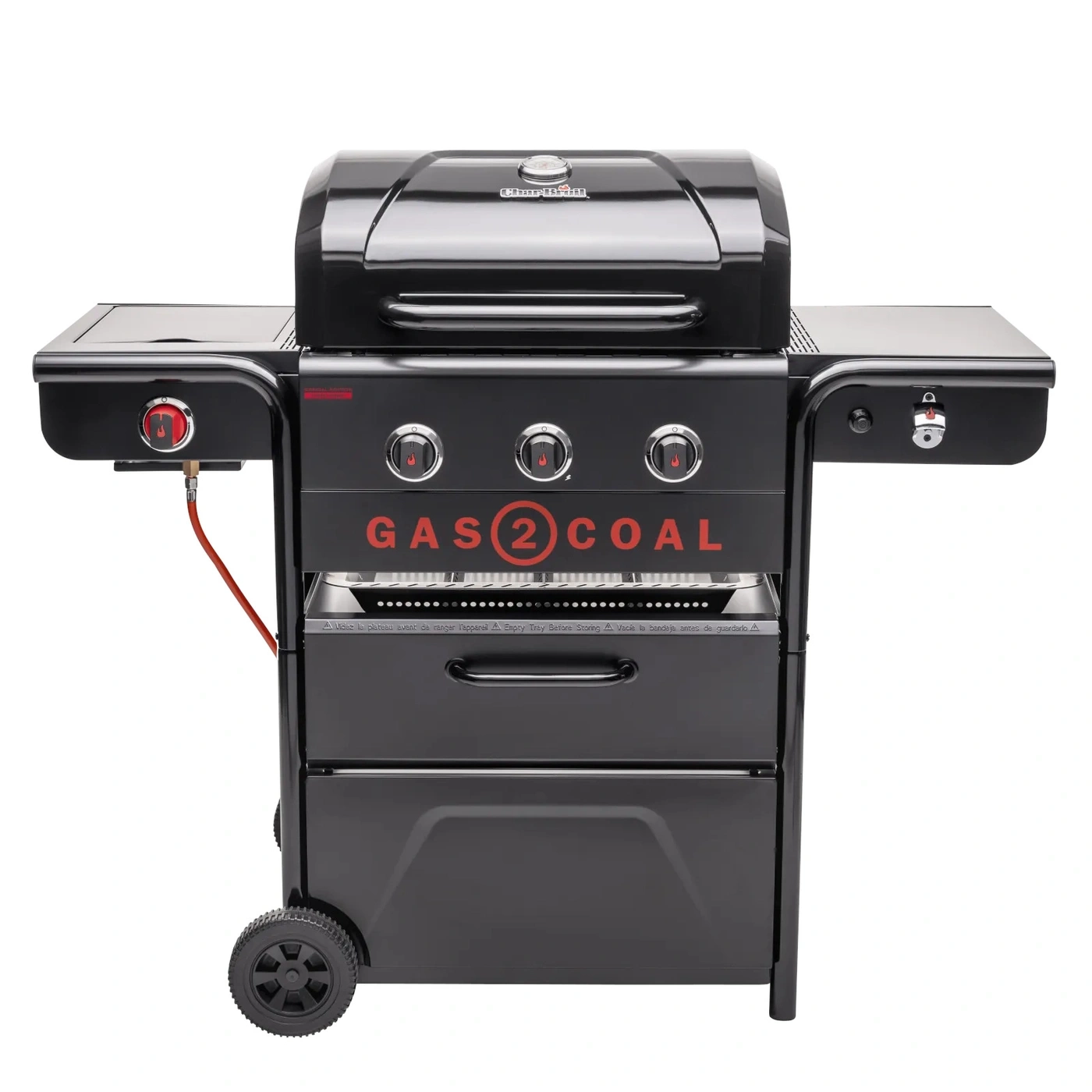 Ein schwarzer Gas- und Kohlegrill mit drei Knöpfen und dem Aufdruck 'GAS 2 COAL'.