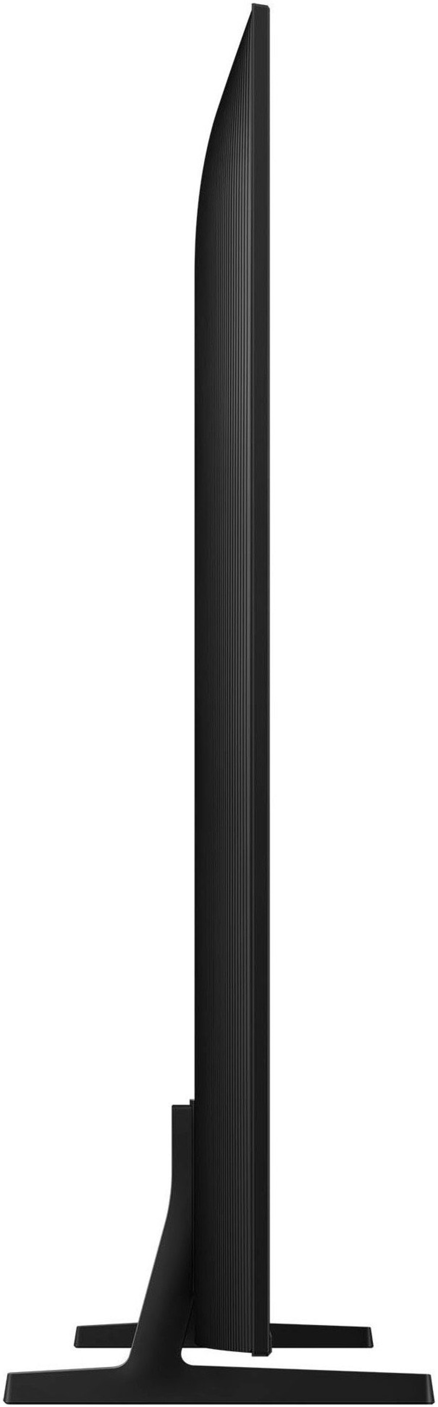 Schwarzer Fernseher, Seitenansicht, schlankes Design, mit Standfuß, modernes Gerät, Technologie