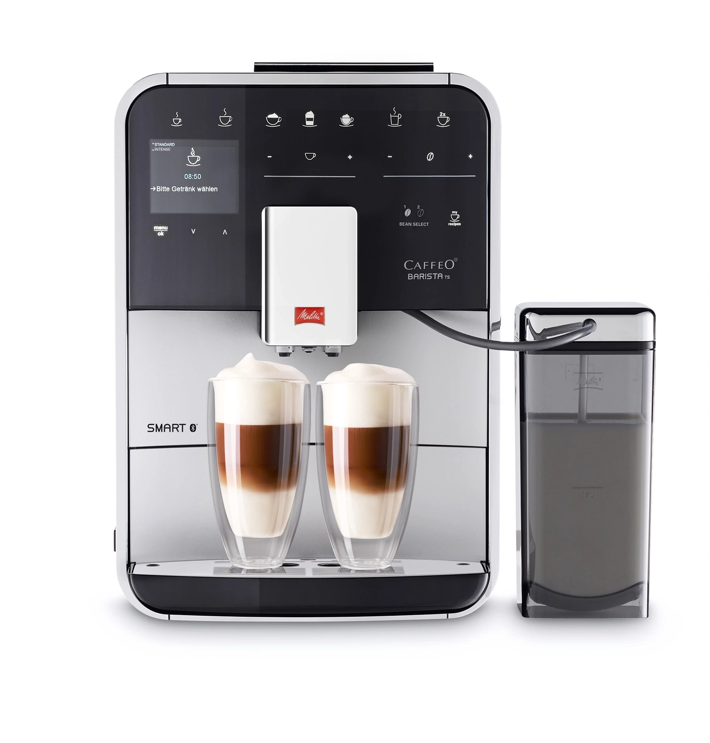 Kaffeemaschine mit zwei Gläsern Latte Macchiato, Milchbehälter, Bedienfeld, Melitta Barista TS