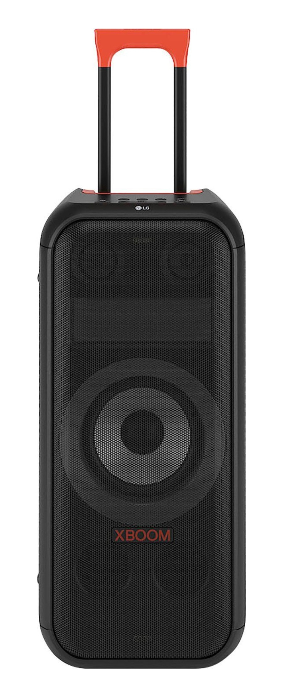 Schwarzer Lautsprecher mit rotem Griff, LG XBOOM, tragbar, Musik