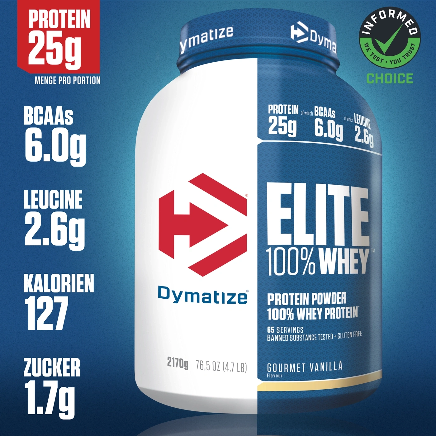 Protein-Pulver-Dose mit Nährwertangaben und Geschmacksrichtung Gourmet Vanille.