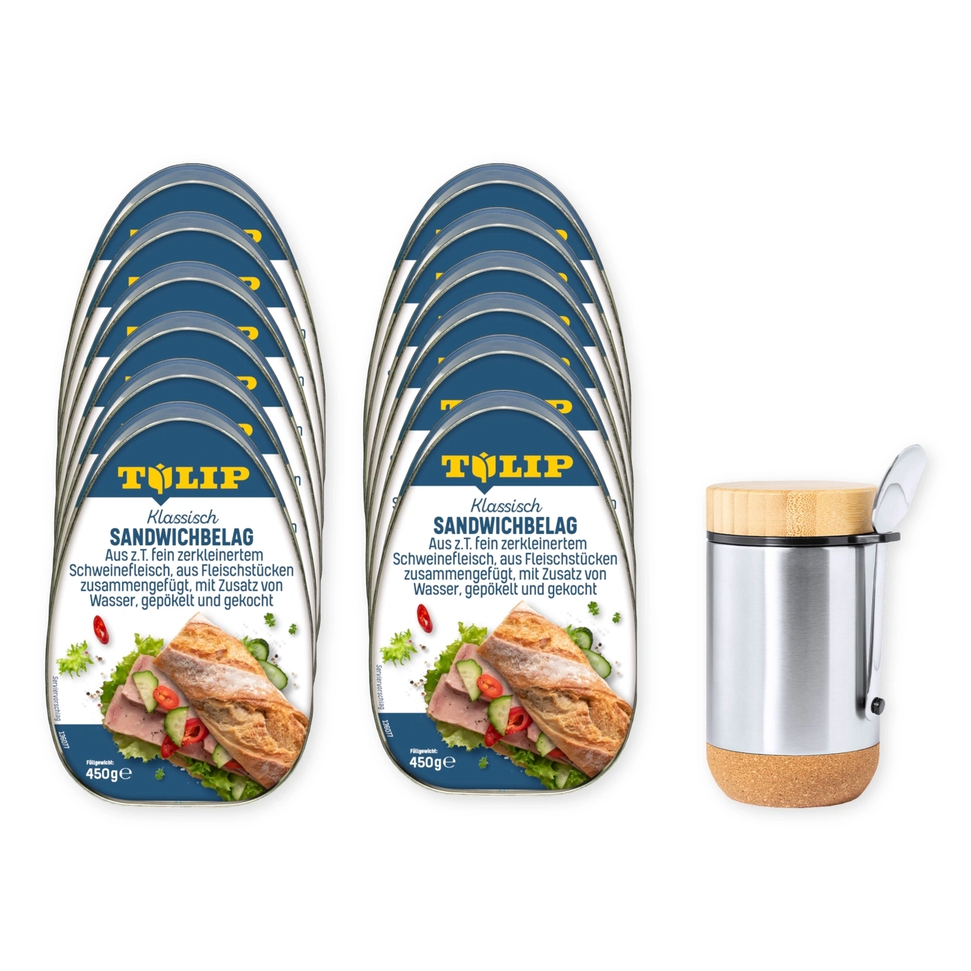 Stapel Dosen Tulpen Sandwichbelag mit Glas und Flasche daneben