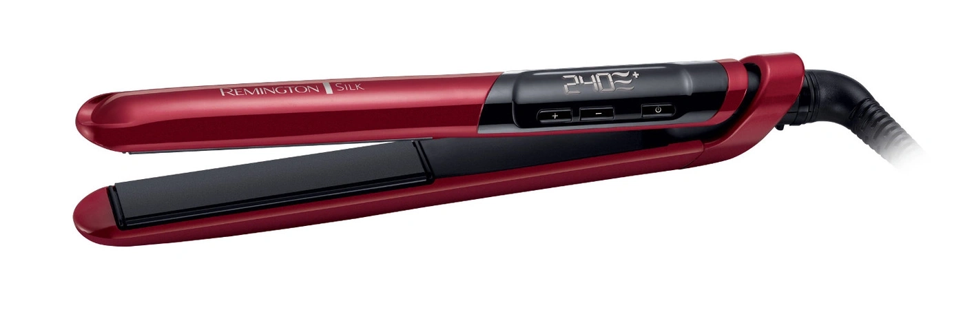 Ein rotes Remington Silk Glätteisen mit digitaler Temperaturanzeige.