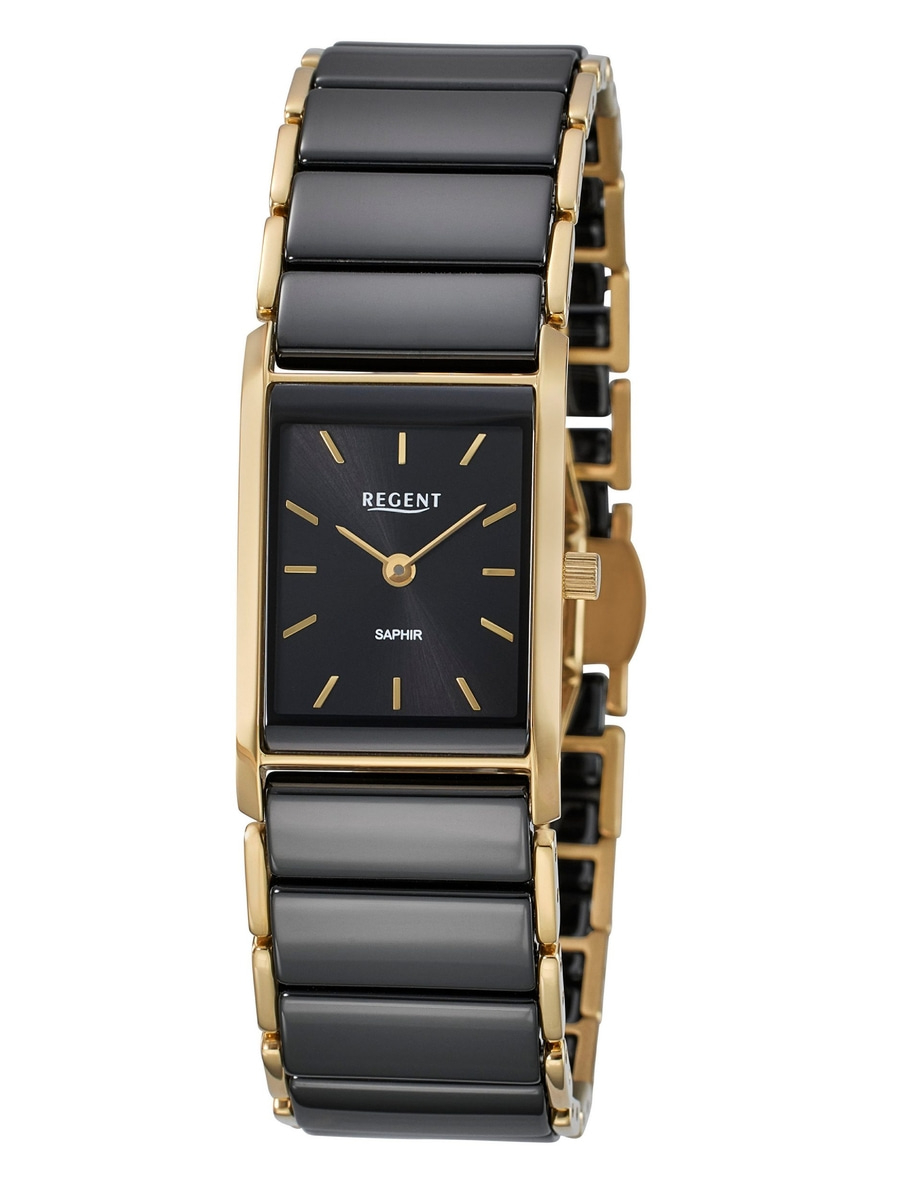 Eine rechteckige goldene Uhr mit schwarzem Zifferblatt und schwarzem Keramikarmband.