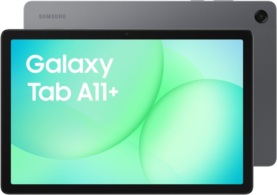 Ein Samsung Galaxy Tab A11+ Tablet im Querformat, mit einem Farbverlauf von Hellgrün bis Türkis auf dem Bildschirm.