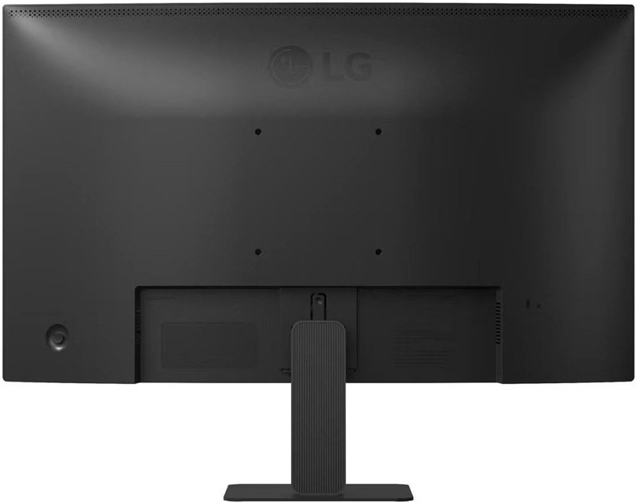 Rückseite eines schwarzen LG Monitors mit Standfuß.
