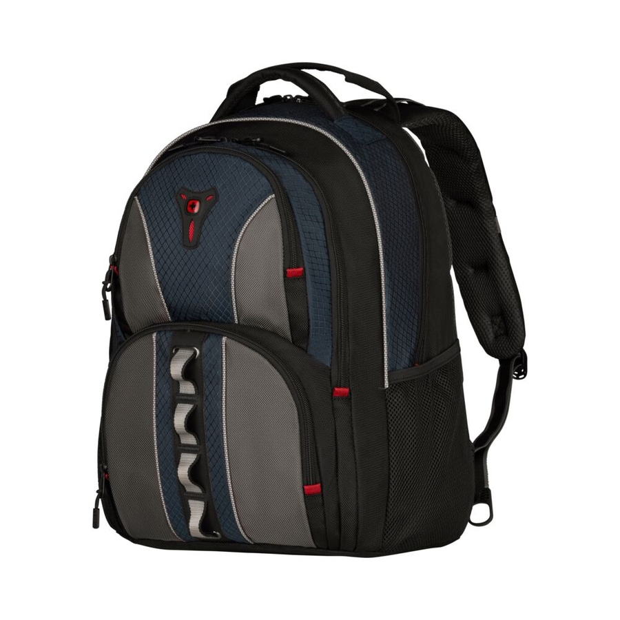 Blauer und grauer Rucksack mit roten Akzenten und gepolsterten Trägern.