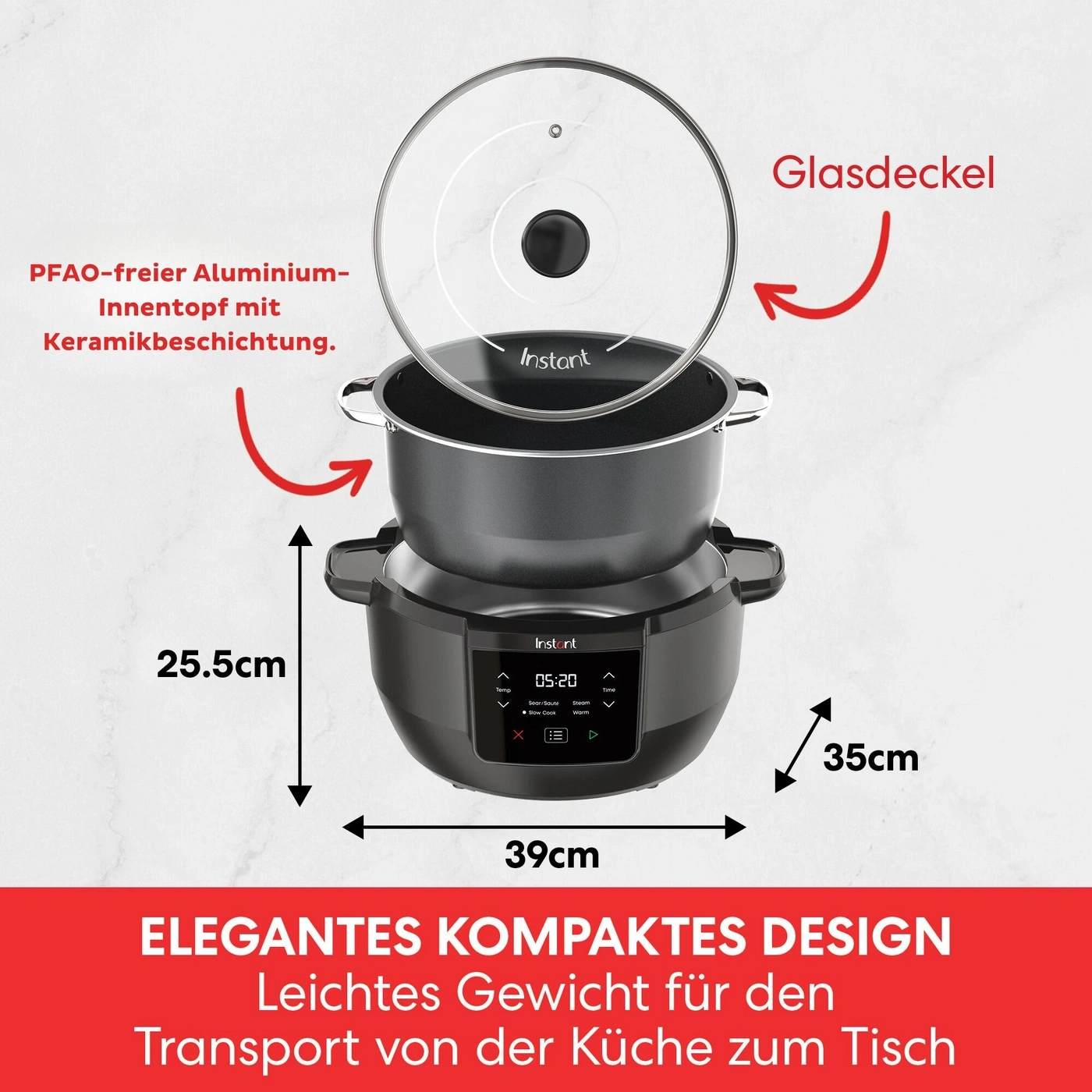 Küchengerät mit Glasdeckel und Maßen 25,5cm, 35cm und 39cm.