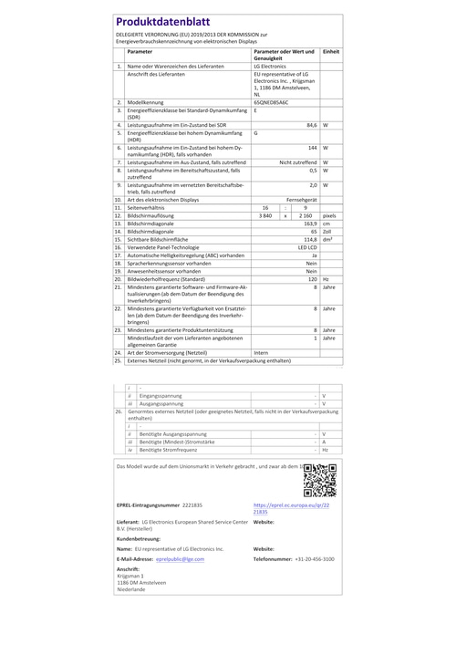 Produktdatenblatt mit Energieeffizienzklassen und technischen Spezifikationen für einen LG Fernseher.