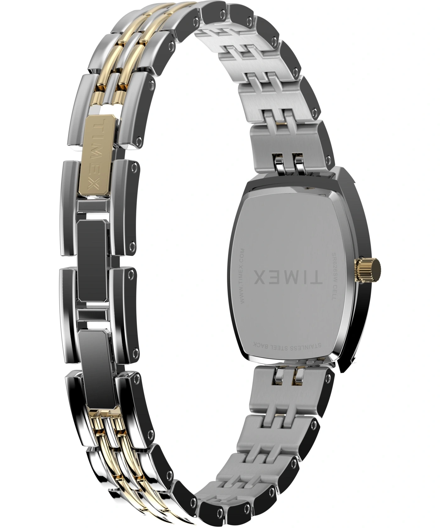 Ein zweifarbarmband einer Uhr mit Timex-Logo auf dem Verschluss