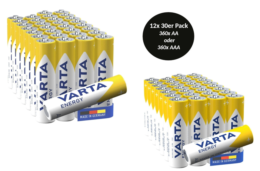 Varta Batterien Packung, 360 AA oder AAA, 12x 30er Pack, Energie für Geräte