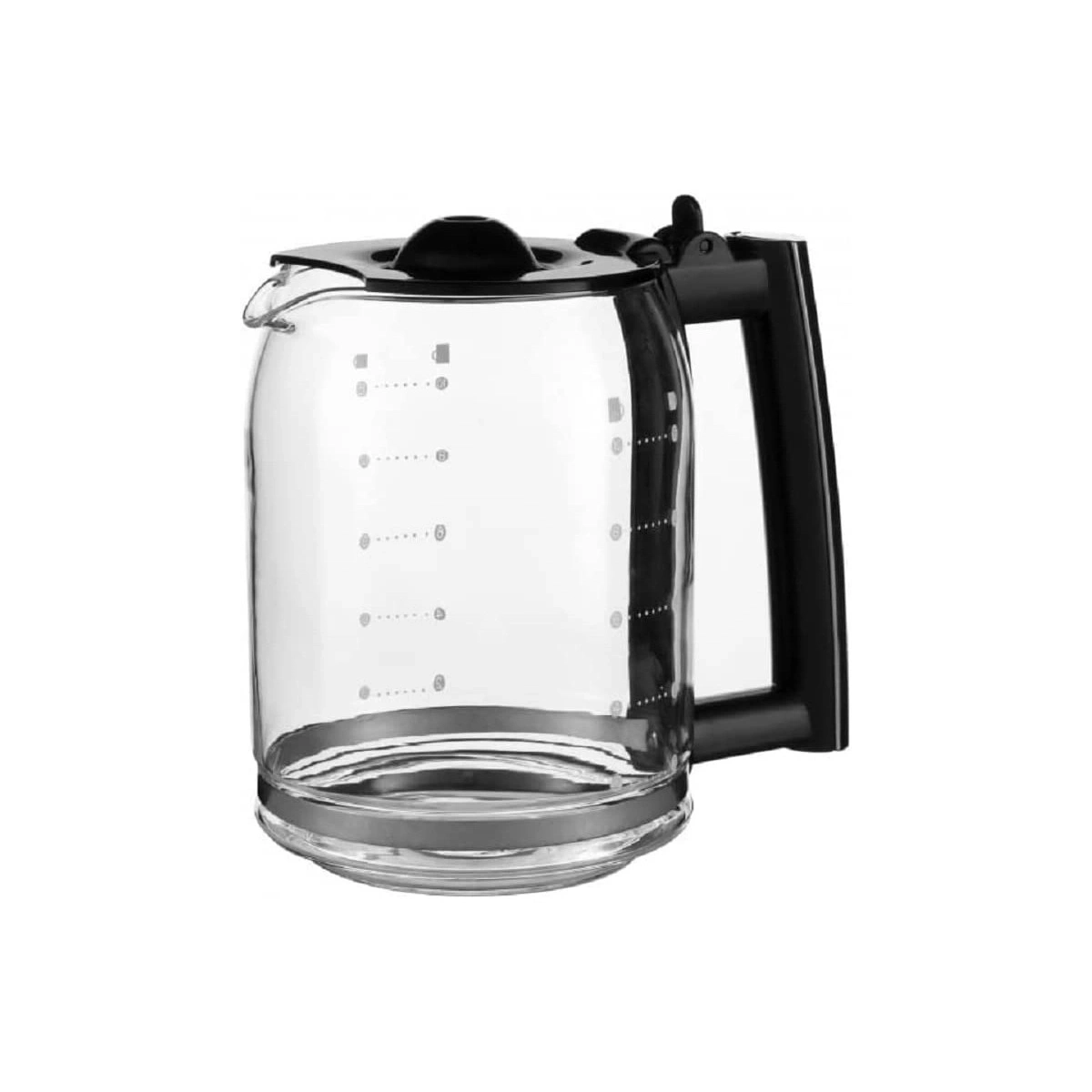 Kaffeekanne aus Glas mit schwarzem Griff und Deckel, Messmarkierungen