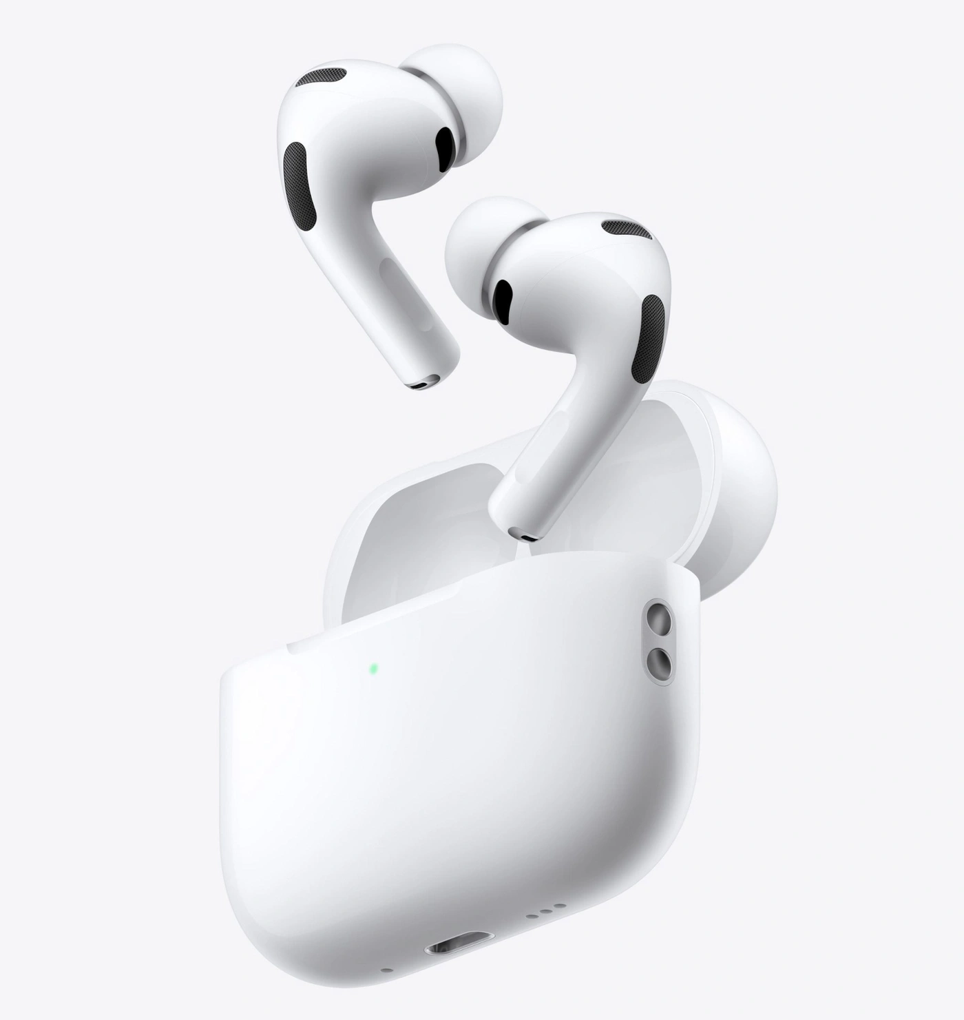 Weiße AirPods Pro mit Ladecase, schwebend vor weißem Hintergrund.
