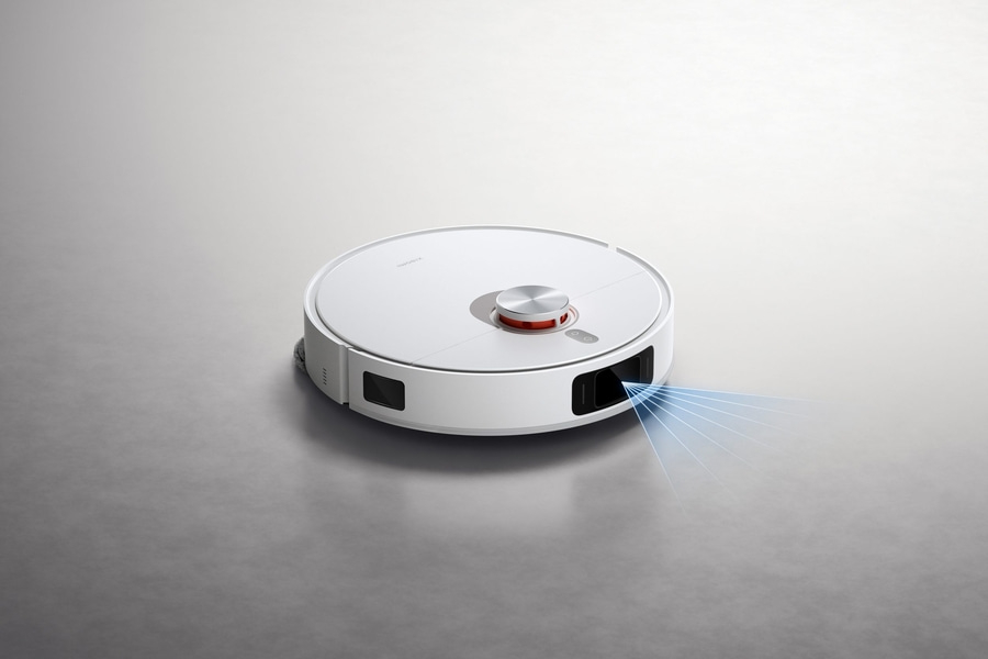 Ein weißer Roboter-Staubsauger mit Laserstrahlen auf grauem Hintergrund.