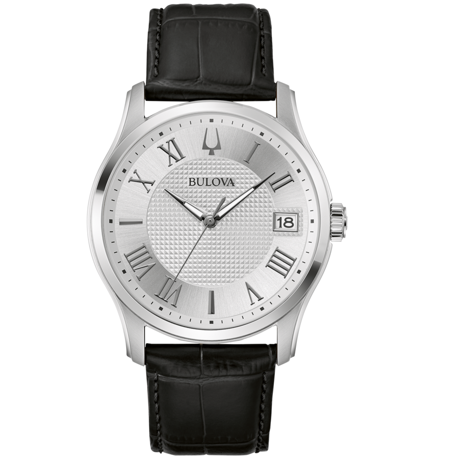 Silberne Bulova-Uhr mit schwarzem Lederarmband und römischen Ziffern auf dem Zifferblatt.