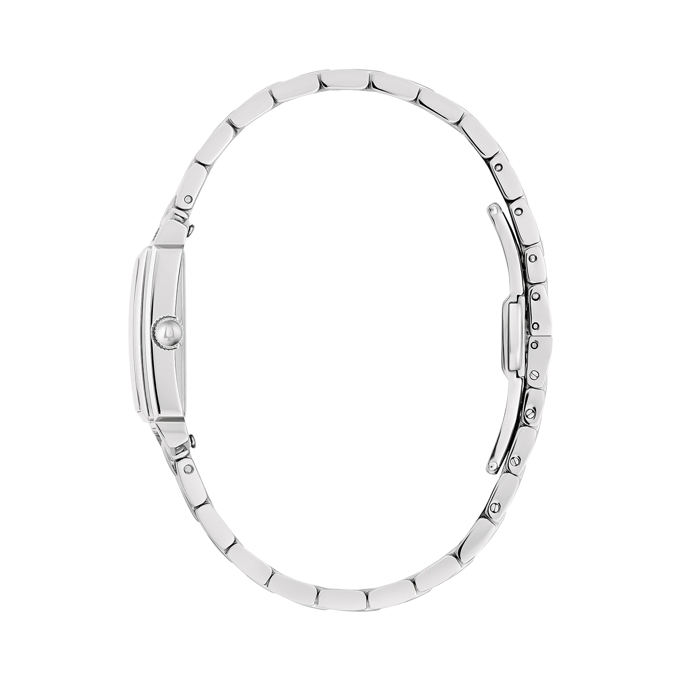 Silberne Damenuhr, rechteckiges Zifferblatt, Metallarmband, Seitenansicht, Detailaufnahme, elegant
